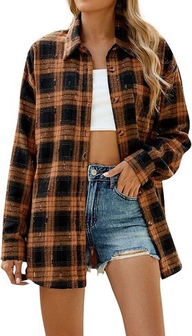 Womens Plus Size Button Down Flannel Plaid Long Sleeve Shirts Oversized Loose Casual Long Jacket Shacket Coats in Saudi Arabia