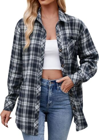 Womens Plus Size Button Down Flannel Plaid Long Sleeve Shirts Oversized Loose Casual Long Jacket Shacket Coats in Saudi Arabia