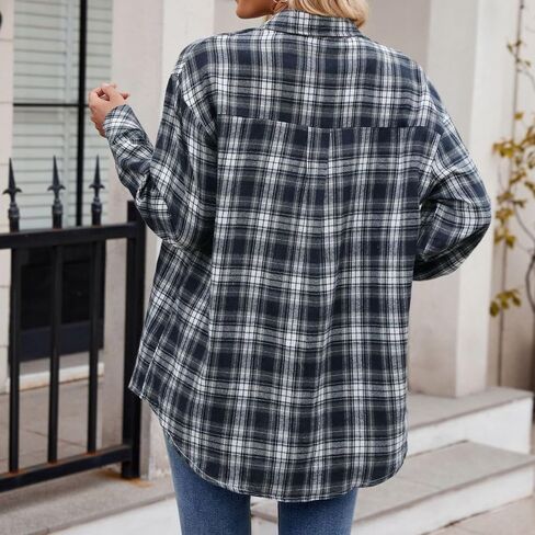 Womens Plus Size Button Down Flannel Plaid Long Sleeve Shirts Oversized Loose Casual Long Jacket Shacket Coats in Saudi Arabia