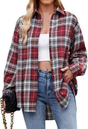Womens Plus Size Button Down Flannel Plaid Long Sleeve Shirts Oversized Loose Casual Long Jacket Shacket Coats in Saudi Arabia
