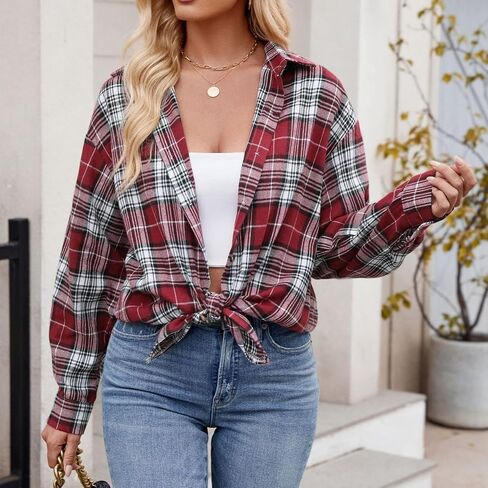 Womens Plus Size Button Down Flannel Plaid Long Sleeve Shirts Oversized Loose Casual Long Jacket Shacket Coats in Saudi Arabia