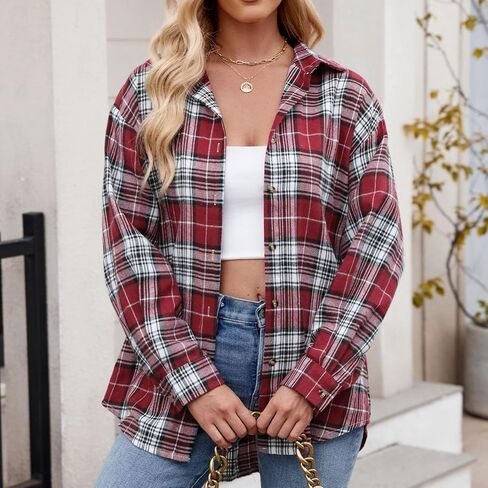 Womens Plus Size Button Down Flannel Plaid Long Sleeve Shirts Oversized Loose Casual Long Jacket Shacket Coats in Saudi Arabia