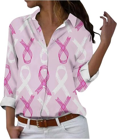 October Breast Cancer Awareness Shirts for Women Pink Ribbon Print Long Sleeve Collared V Neck Button Down Work Blouses in Kuwait