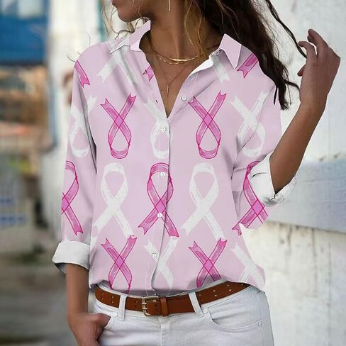 October Breast Cancer Awareness Shirts for Women Pink Ribbon Print Long Sleeve Collared V Neck Button Down Work Blouses in Kuwait