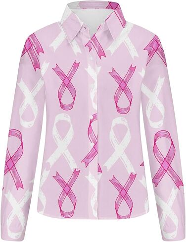 October Breast Cancer Awareness Shirts for Women Pink Ribbon Print Long Sleeve Collared V Neck Button Down Work Blouses in Kuwait