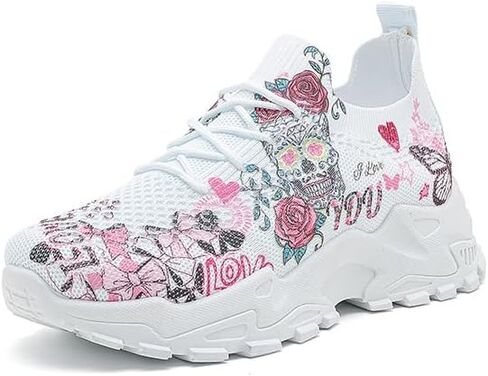 Women's Summer Breathable Mesh Sneakers Slip-on Walking - Print Floral Suger Skull Mexico Día de Muertos Casual & Comfortable Walking Shoes in Saudi Arabia