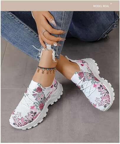 Women's Summer Breathable Mesh Sneakers Slip-on Walking - Print Floral Suger Skull Mexico Día de Muertos Casual & Comfortable Walking Shoes in Saudi Arabia