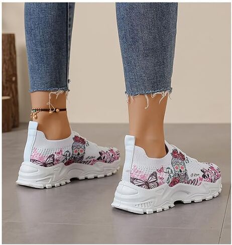 Women's Summer Breathable Mesh Sneakers Slip-on Walking - Print Floral Suger Skull Mexico Día de Muertos Casual & Comfortable Walking Shoes in Saudi Arabia