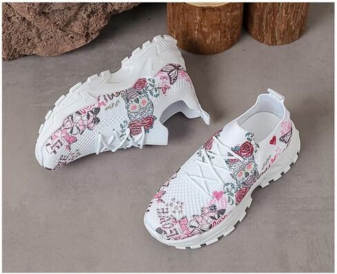 Women's Summer Breathable Mesh Sneakers Slip-on Walking - Print Floral Suger Skull Mexico Día de Muertos Casual & Comfortable Walking Shoes in Saudi Arabia