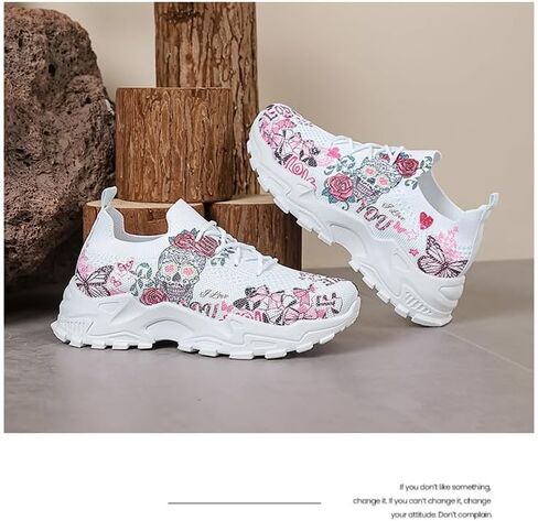 Women's Summer Breathable Mesh Sneakers Slip-on Walking - Print Floral Suger Skull Mexico Día de Muertos Casual & Comfortable Walking Shoes in Saudi Arabia