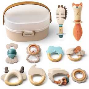 Baby Rattles & Teethers Set – 10-Pack Baby Toys 0-6 Months, Teething Toys 3-6 Months, Sensory Toys with Soft Textures, Gentle Sounds & Easy-Grip Shape, Neutral Newborn Gift