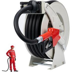 3/8" x 50ft Fuel Diesel Hose Reel Retractable with Fuel Nozzle, Auto Rewind Spring Driven, 300 PSI Industrial Heavy Duty Steel Construction Reels for Truck Farm Ship Vehicle Tank