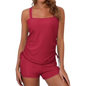 Women's Two Piece Tankini Bathing Suits Drawstring Side Swim Top with Boyshorts Bottoms Tummy Control Swimsuits