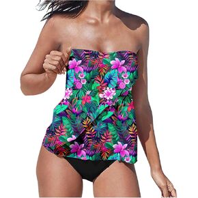 Womens Two Piece Strapless Tankini Swimsuits Bandeau Blouson Swim Top with Bikini Bottom Tummy Control Bathing Suits