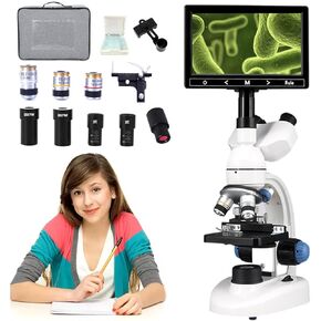 40X-1600X Trinocular Microscope with 7" LCD, EBC Lens, Dual LED Lighting, 360° Rotatable Head, for Home & School Lab Use, Including Experiment Kit