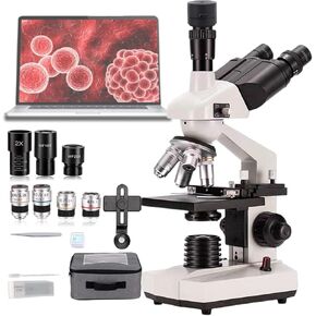 Biological Educational Microscope for Students,Double Layer Mechanical Stage and Coaxial Coarse/Fine Focusing Knob,Compound Trinocular Microscope,5000X+A