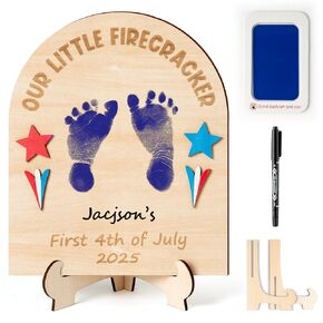 R HORSE Baby's First July 4th Footprint or Handprint DIY Art Sign Craft, 3D Engraved Wooden Hanging Ornament, Newborn Keepsake Gift Photo Prop for Unisex Baby Independence Day Baby Shower Supplies