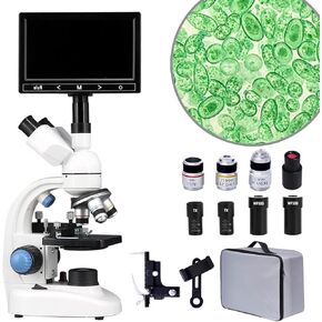 Professional Trinocular Microscope - 40x-1600x Magnification + Dual LED Lighting + Coaxial Focus + 360° Rotatable Head + Aluminum Body, Lab Microscope with 7‘’ LCD Screen for Students & Adult