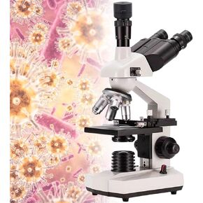 Compound Trinocular Microscope,40X-2500X Magnification,Four Hole Objective Lens Configuration,Adjustable Led Light and Mechanical Stage,5000X+A+B