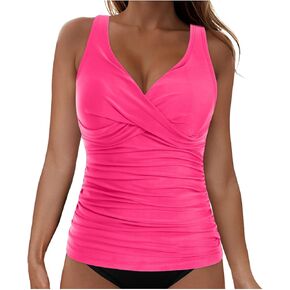 Tankini Tops for Women Underwire Swim Top Only Twist V Neck Swimsuits for Big Busted Ruched Tummy Control Suits Top