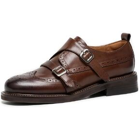 BEAU TODAY Women's Leather Loafers, Monk Strap Loafers Women, Dressy Round Toe Loafer Flats, Comfortable Business Casual Brogue Shoes