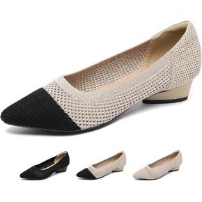 Women's Knit Pointed Toe Low Chunky Heel Pumps Fashion Mesh Hollow Shallow Mouth Slip On Low Heel Ballet Shoes Comfortable Breathable Casual Office Wedding Formal Dress Shoes in Saudi Arabia