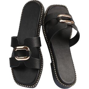 Women's Flat Sandals with Metal Chain Studs-Summer 2025 Comfortable Casual Dressy Slides