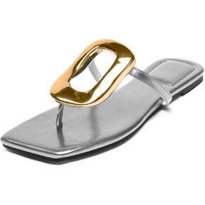 Flip-Flops Sandals for Women Comfortable Open Square Toe Slip on Beach Thong Sandals Casual Fashion Ladies Slipper Dressy Metal Decoration Summer Shoes.
