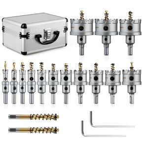 16PCS TCT Hole Saw Kit for Metal, 5/8" to 2-1/8" Tungsten Carbide Tipped Hole Cutter Set, Stainless Steel, Iron, Wood, Plastic