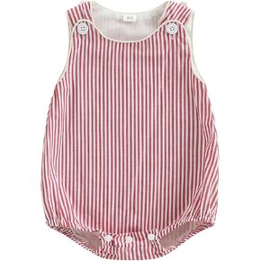 Newborn Baby Boy Girl Striped Romper Sleeveless Cotton Linen Bubble Bodysuit Button Jumpsuit Tank Summer Overalls