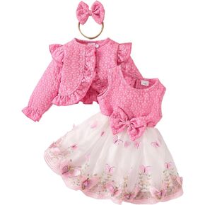 OBEEII Toddler Girl Floral Embroidered Tutu Dress Elegant 3D Butterfly Tulle Dress+Long Sleeve Cardigan Bolero Shrug+Headband