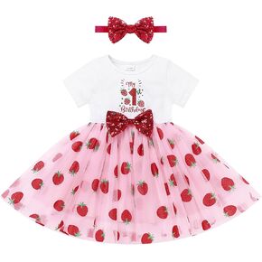 IBTOM CASTLE Baby Girl Strawberry 1st/2nd/3rd Birthday Outfit Sparkly Berry Tutu Dress Sequin Bow Headband Cake Smash Clothes