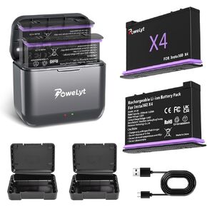 360 X4 Battery Charger Kit 2-Pack 2500mAh Rechargeable X4 Battery and Dual Channel Battery Charger with Battery Case Can Store Misro SD Card Fully Compatible with Insta360 X4 Action Camera