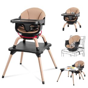 Baby High Chair, 7 in 1 Convertible High Chairs for Babies and Toddlers, Kids Learning Table, Building Block Table, Toddler Dining Chair with 360° Rotating Seat, 5-Point Safety Harness (Khaki)