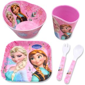 Princess 5 Pcs Set Durable Tableware Meal Dishes Mealtime Set includes Dinner Serving Bowl Plate Cup with a Matching Spoon & Fork