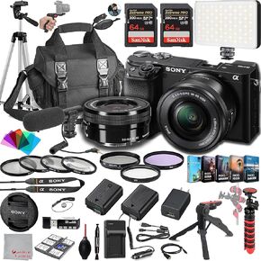 Sony a6100 Mirrorless Camera with 16-50mm Lens, 128GB Extreem Speed Memory,Microphone, 120LED Video Light, Tripod, Filters, Hood, Grip,Spare Battery & Charger, Editing Software Kit -Deluxe Bundle