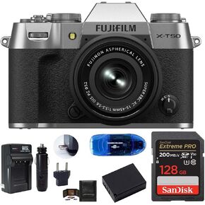 FUJIFILM X-T50 Mirrorless Camera with 15-45mm Lens (Silver) Bundle, Includes: SanDisk 128GB Extreme PRO Memory Card, Spare Battery and More (6 Items)