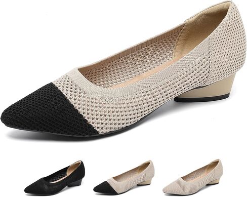 Women's Knit Pointed Toe Low Chunky Heel Pumps Fashion Mesh Hollow Shallow Mouth Slip On Low Heel Ballet Shoes Comfortable Breathable Casual Office Wedding Formal Dress Shoes in Saudi Arabia
