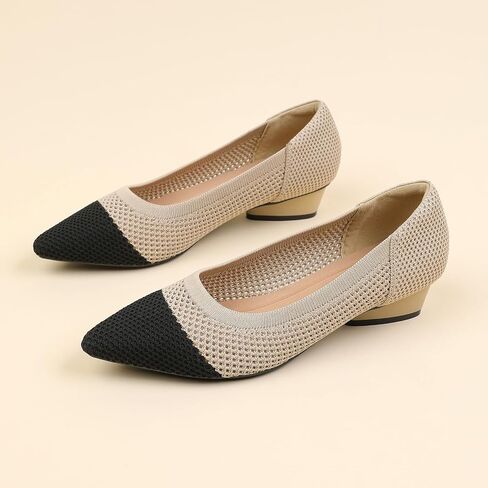 Women's Knit Pointed Toe Low Chunky Heel Pumps Fashion Mesh Hollow Shallow Mouth Slip On Low Heel Ballet Shoes Comfortable Breathable Casual Office Wedding Formal Dress Shoes in Saudi Arabia