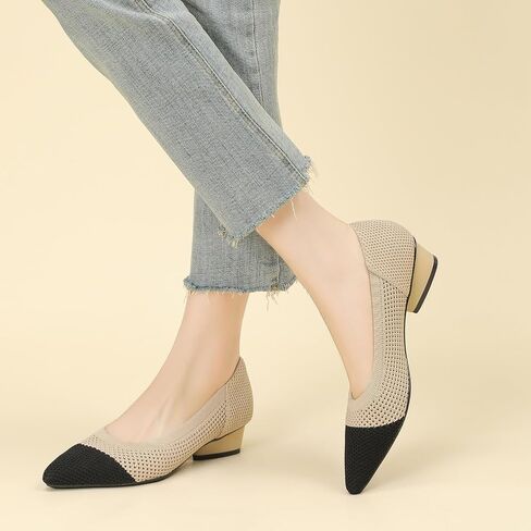 Women's Knit Pointed Toe Low Chunky Heel Pumps Fashion Mesh Hollow Shallow Mouth Slip On Low Heel Ballet Shoes Comfortable Breathable Casual Office Wedding Formal Dress Shoes in Saudi Arabia