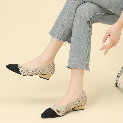 Women's Knit Pointed Toe Low Chunky Heel Pumps Fashion Mesh Hollow Shallow Mouth Slip On Low Heel Ballet Shoes Comfortable Breathable Casual Office Wedding Formal Dress Shoes in Saudi Arabia
