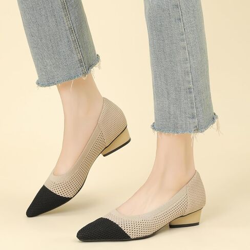 Women's Knit Pointed Toe Low Chunky Heel Pumps Fashion Mesh Hollow Shallow Mouth Slip On Low Heel Ballet Shoes Comfortable Breathable Casual Office Wedding Formal Dress Shoes in Saudi Arabia