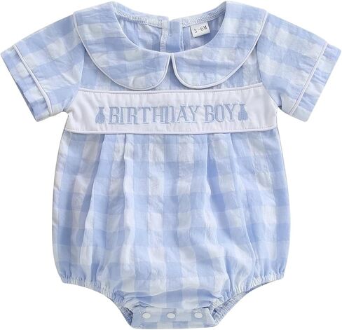 Baby Boy First Birthday Outfit Short Sleeve Peter Pan Collar Smocked Gingham Bubble Romper Newborn Summer Clothes in Saudi Arabia
