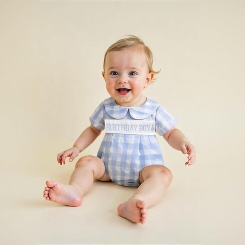 Baby Boy First Birthday Outfit Short Sleeve Peter Pan Collar Smocked Gingham Bubble Romper Newborn Summer Clothes in Saudi Arabia