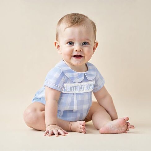 Baby Boy First Birthday Outfit Short Sleeve Peter Pan Collar Smocked Gingham Bubble Romper Newborn Summer Clothes in Saudi Arabia
