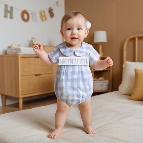 Baby Boy First Birthday Outfit Short Sleeve Peter Pan Collar Smocked Gingham Bubble Romper Newborn Summer Clothes in Saudi Arabia