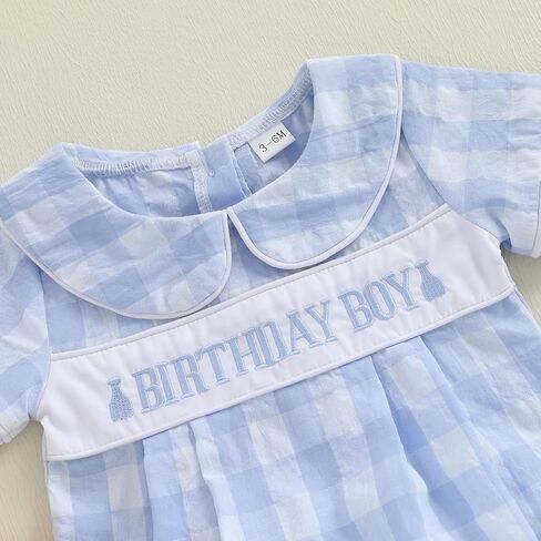 Baby Boy First Birthday Outfit Short Sleeve Peter Pan Collar Smocked Gingham Bubble Romper Newborn Summer Clothes in Saudi Arabia