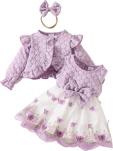 OBEEII Toddler Girl Floral Embroidered Tutu Dress Elegant 3D Butterfly Tulle Dress+Long Sleeve Cardigan Bolero Shrug+Headband in Saudi Arabia