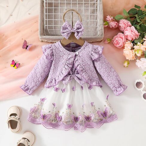 OBEEII Toddler Girl Floral Embroidered Tutu Dress Elegant 3D Butterfly Tulle Dress+Long Sleeve Cardigan Bolero Shrug+Headband in Saudi Arabia
