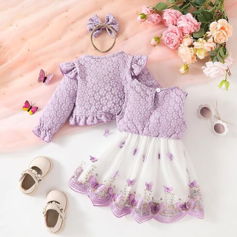 OBEEII Toddler Girl Floral Embroidered Tutu Dress Elegant 3D Butterfly Tulle Dress+Long Sleeve Cardigan Bolero Shrug+Headband in Saudi Arabia